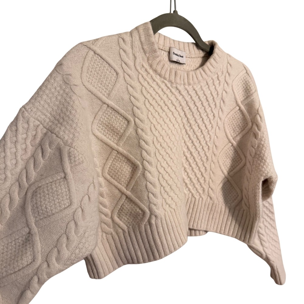 Sunday Best Aritzia Ivory Cable Knit Cropped Sweater Wool Blend Cream Small - Picture 2 of 5